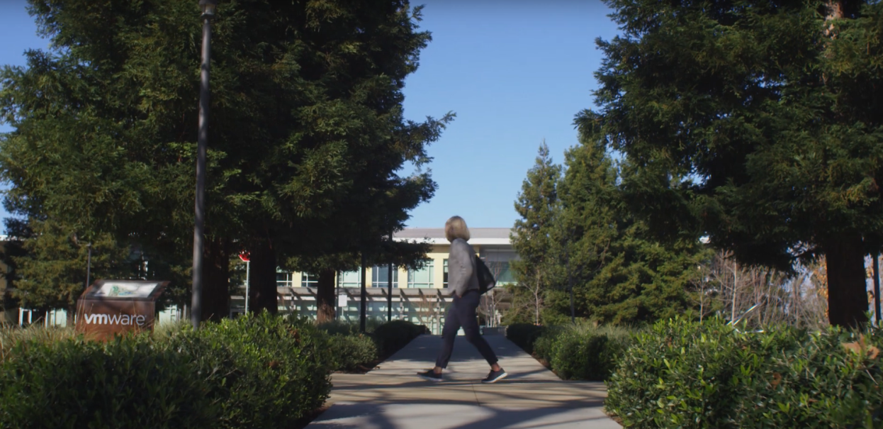 VMware employee walking through Palo Alto Campus