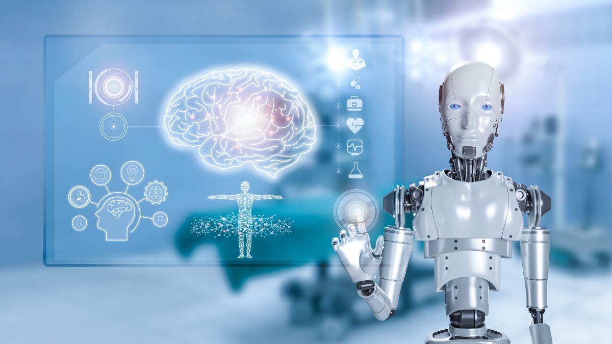Artificial intelligence robot analyzing for human brain and body - stock photo