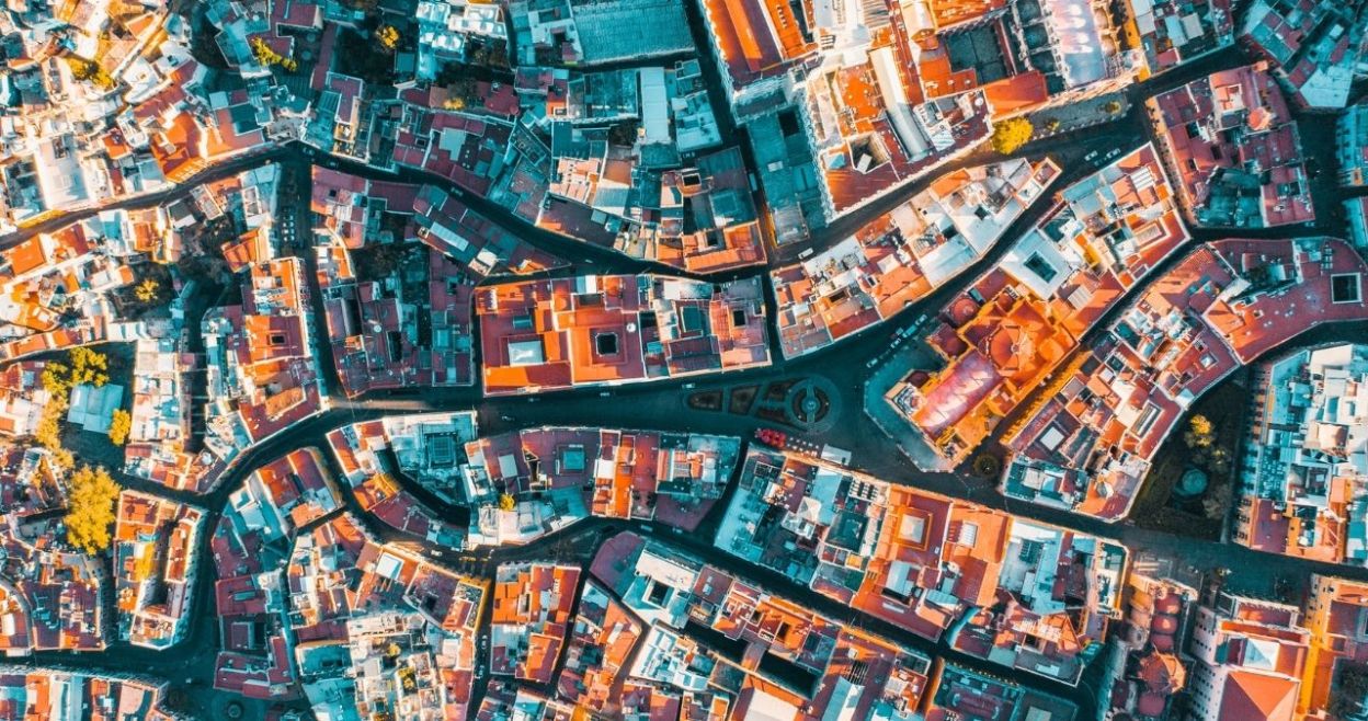 Aerial view looking down at a city.